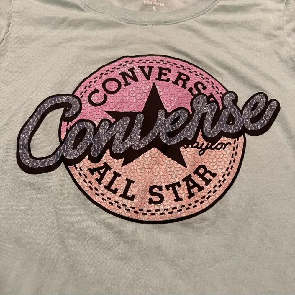 Converse All Star Blue Glitter Graphic Tee Shirt Girls Large